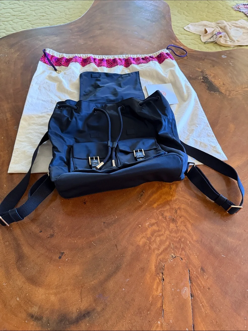 Tory Burch Black Nylon Drawstring Backpack with Front Buckle Pockets